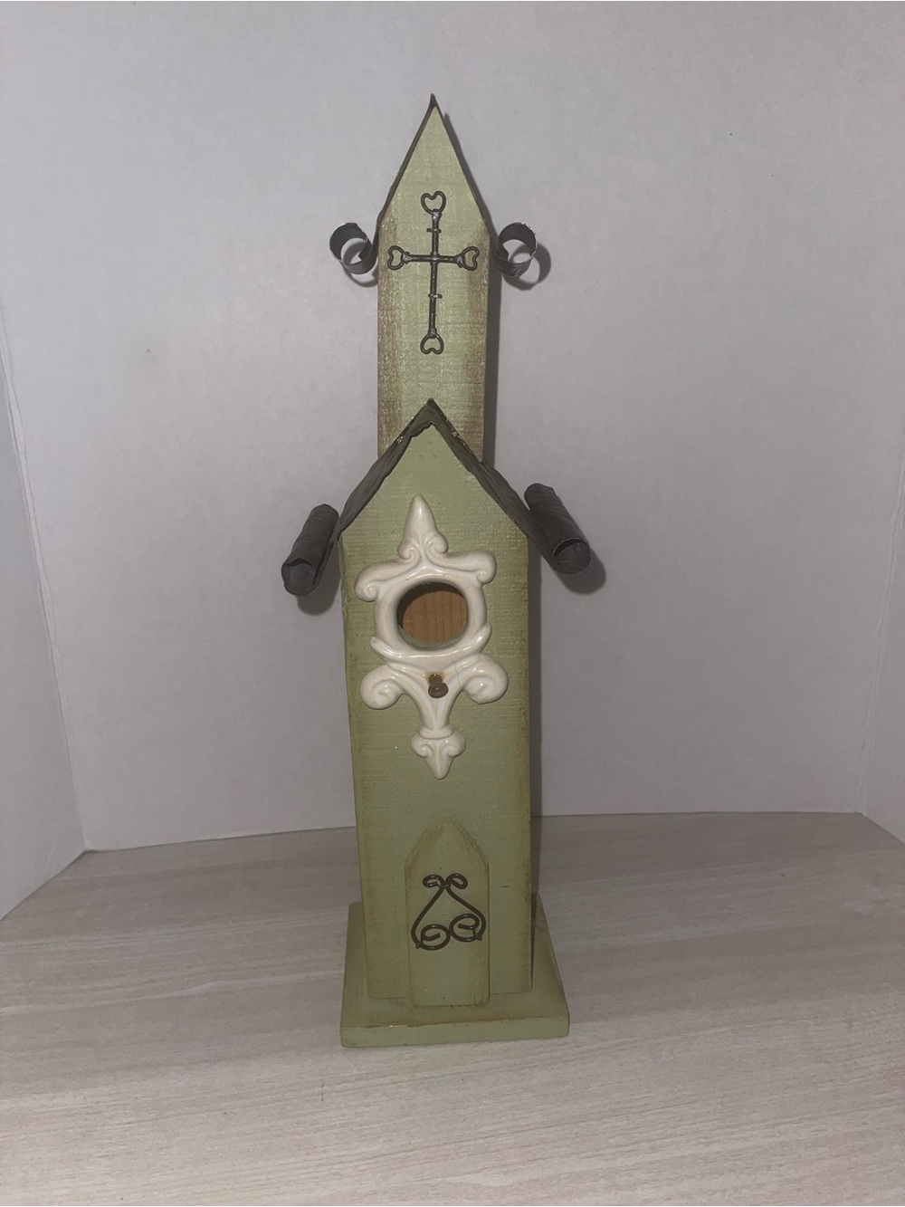 Whimsical Decorative wooden church-style birdhouse with fleur-de-lis detail Farm